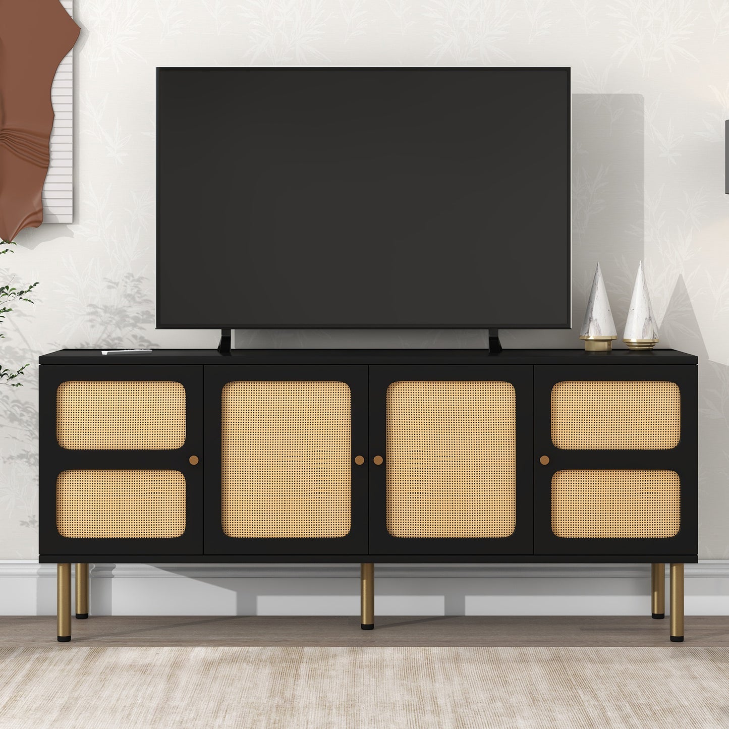 Boho style TV Stand with Rattan Door - Black