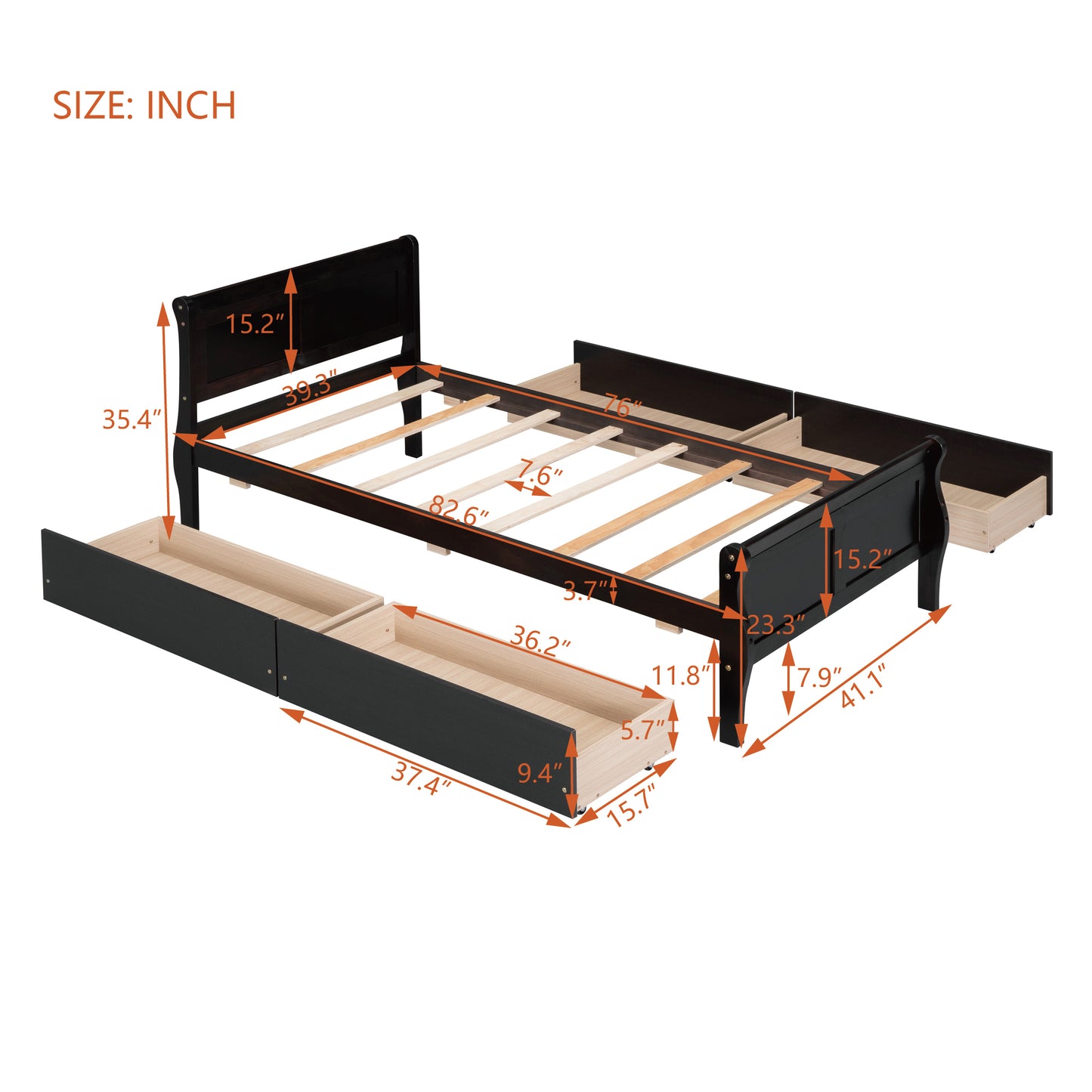 Meg Twin Size Wood Platform Bed with 4 Drawers - Espresso