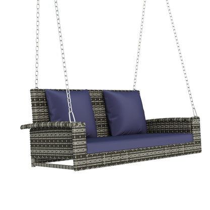 Paz 2-Person Wicker Hanging Porch Swing (Gray Wicker, Blue Cushion)