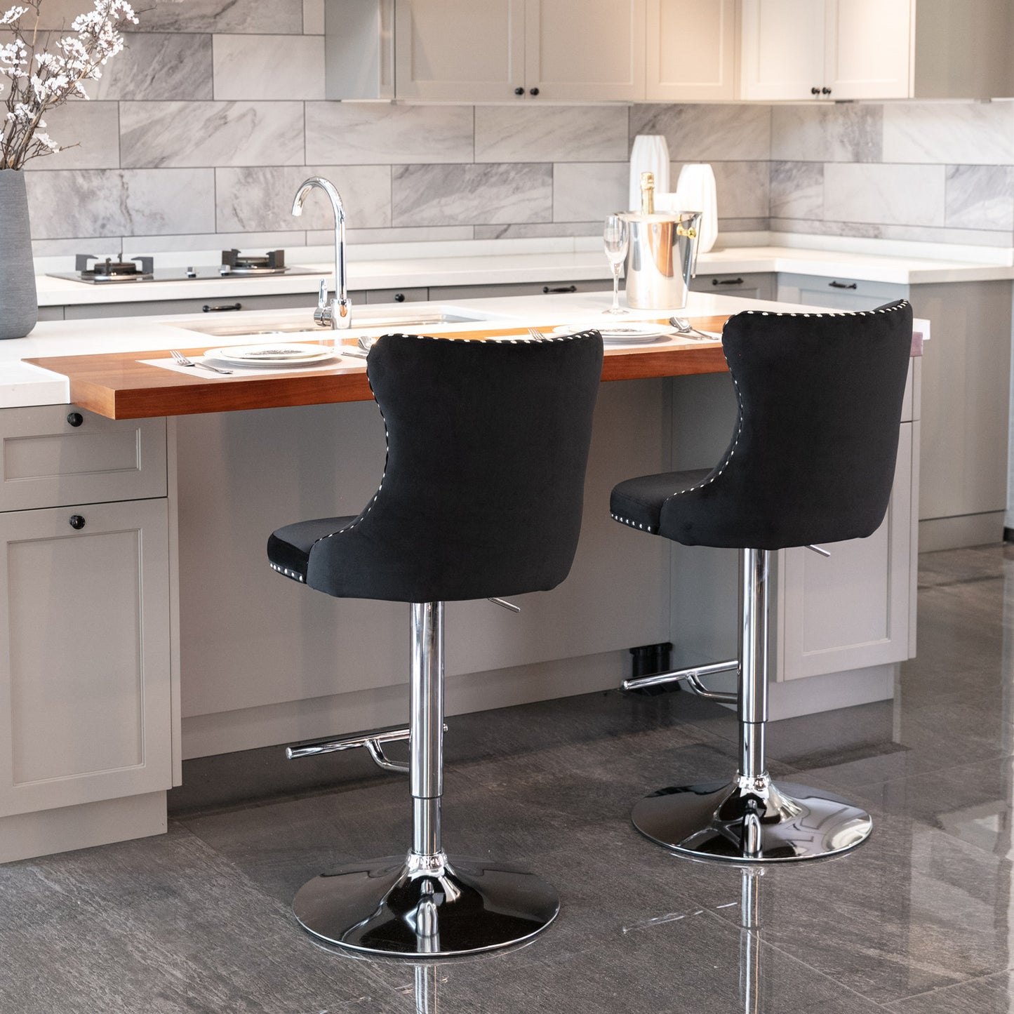 Rise 180 Velvet Barstools Adjusatble Seat Height - Black Set of 2