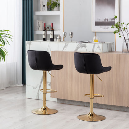 Stramline Adjustable Velvet + Golden Leg Bar Stool - Black Set of 2