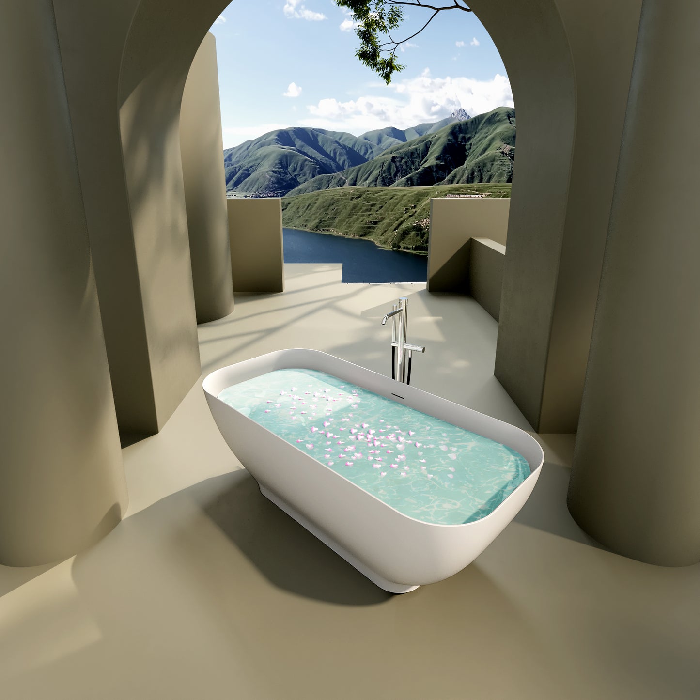 Wara 67" Luxury Solid Surface Freestanding Soaking Bathtub  - Matte White