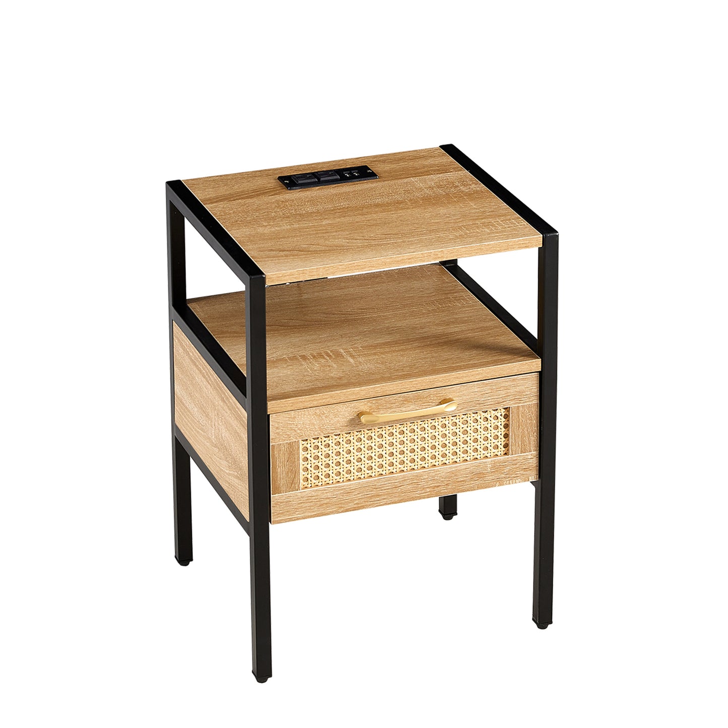 Rattan End table with Power Outlet  & USB Ports Modern nightstand  - Natural