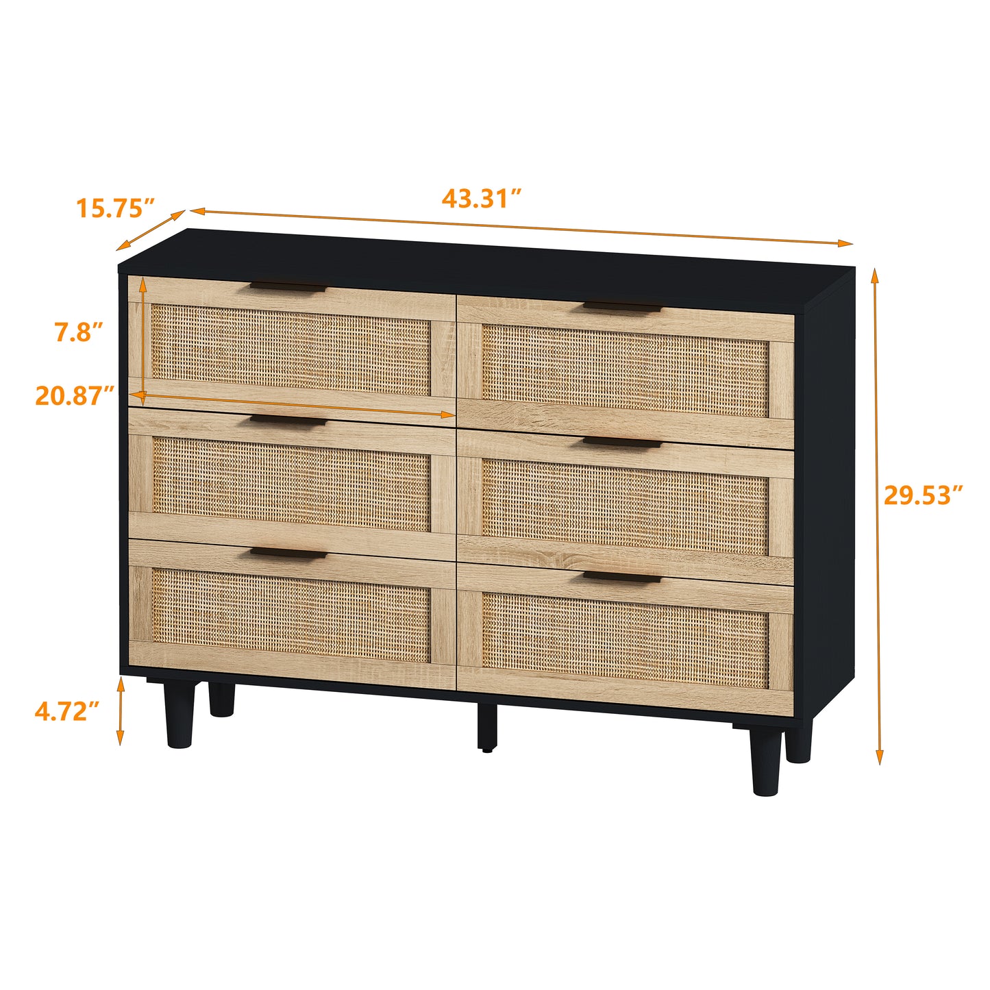 Tero 6 Drawers Rattan Cabinet - Black