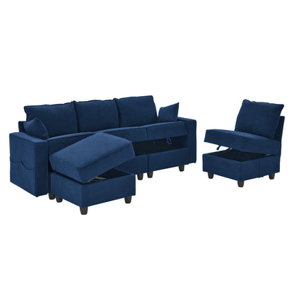 Temo Modular Velvet Sectional Sofa Set - Navy Blue