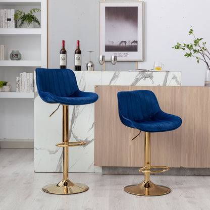 Stramline Adjustable Velvet + Golden Leg Bar Stool - Blue Set of 2