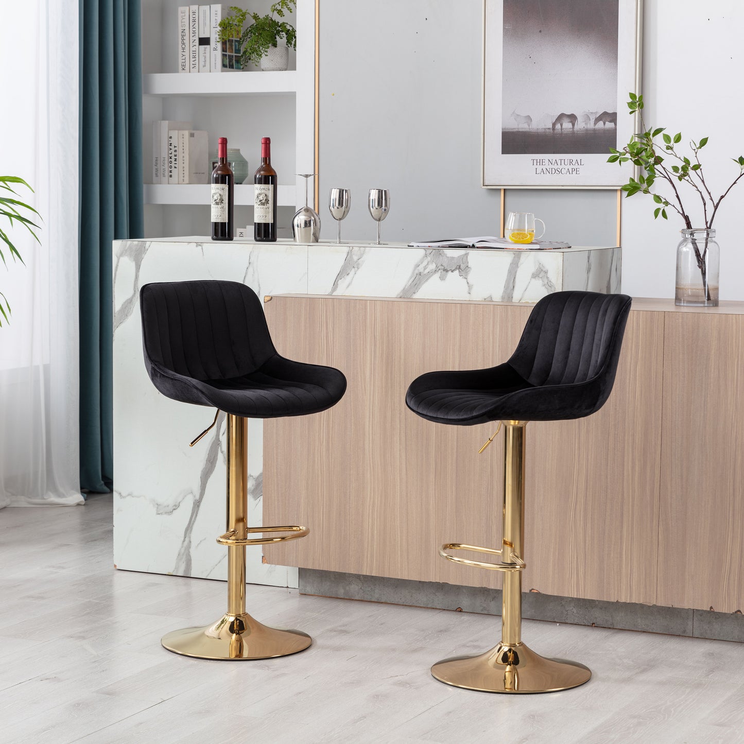 Stramline Adjustable Velvet + Golden Leg Bar Stool - Black Set of 2