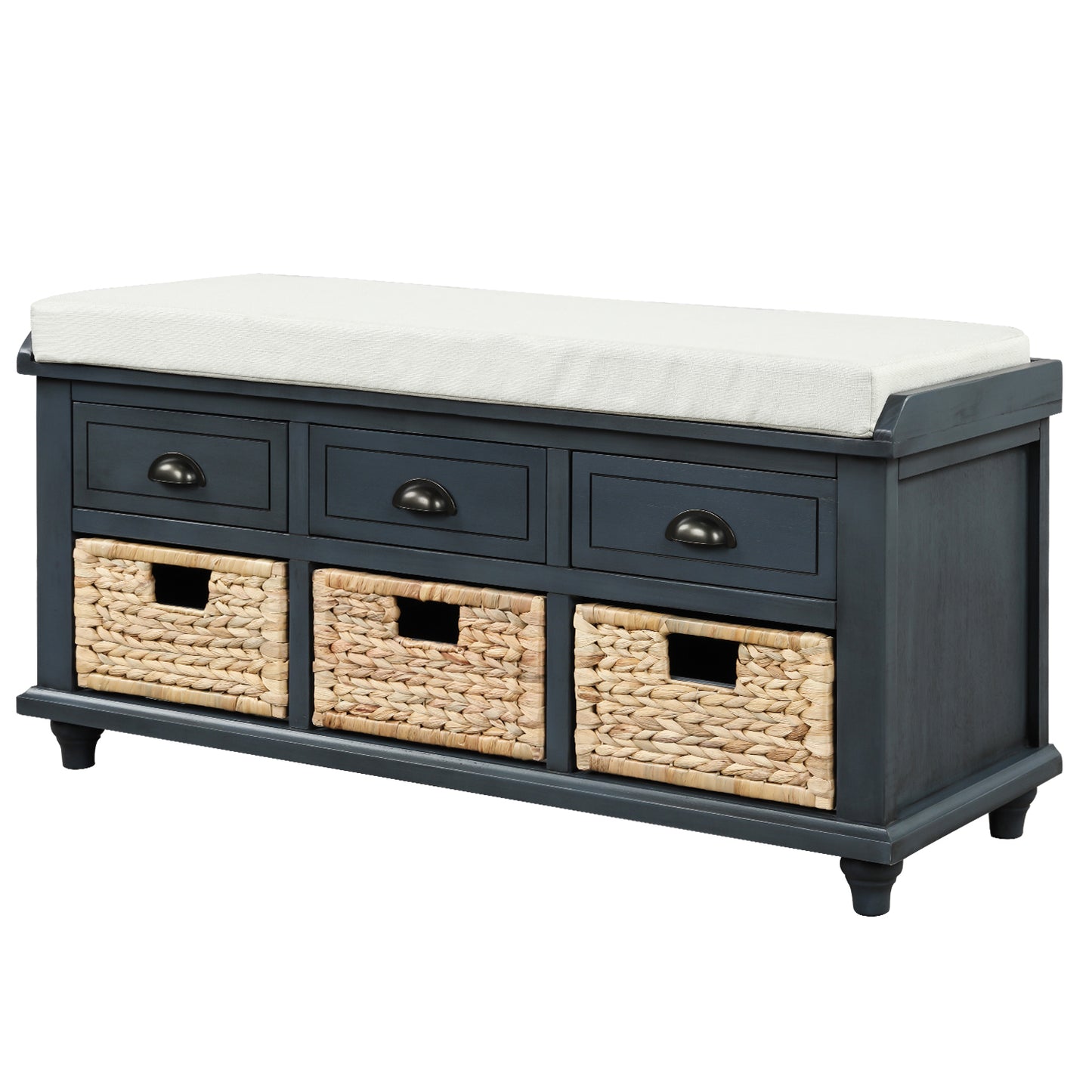 Rustic Storage Bench with 3 Drawers and 3 Rattan Baskets - Antique Navy