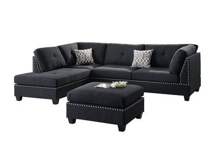 Surya 3pc Sectional Sofa Polyfiber Cushion Sofa Chaise Ottoman Reversible Couch Pillows - Black