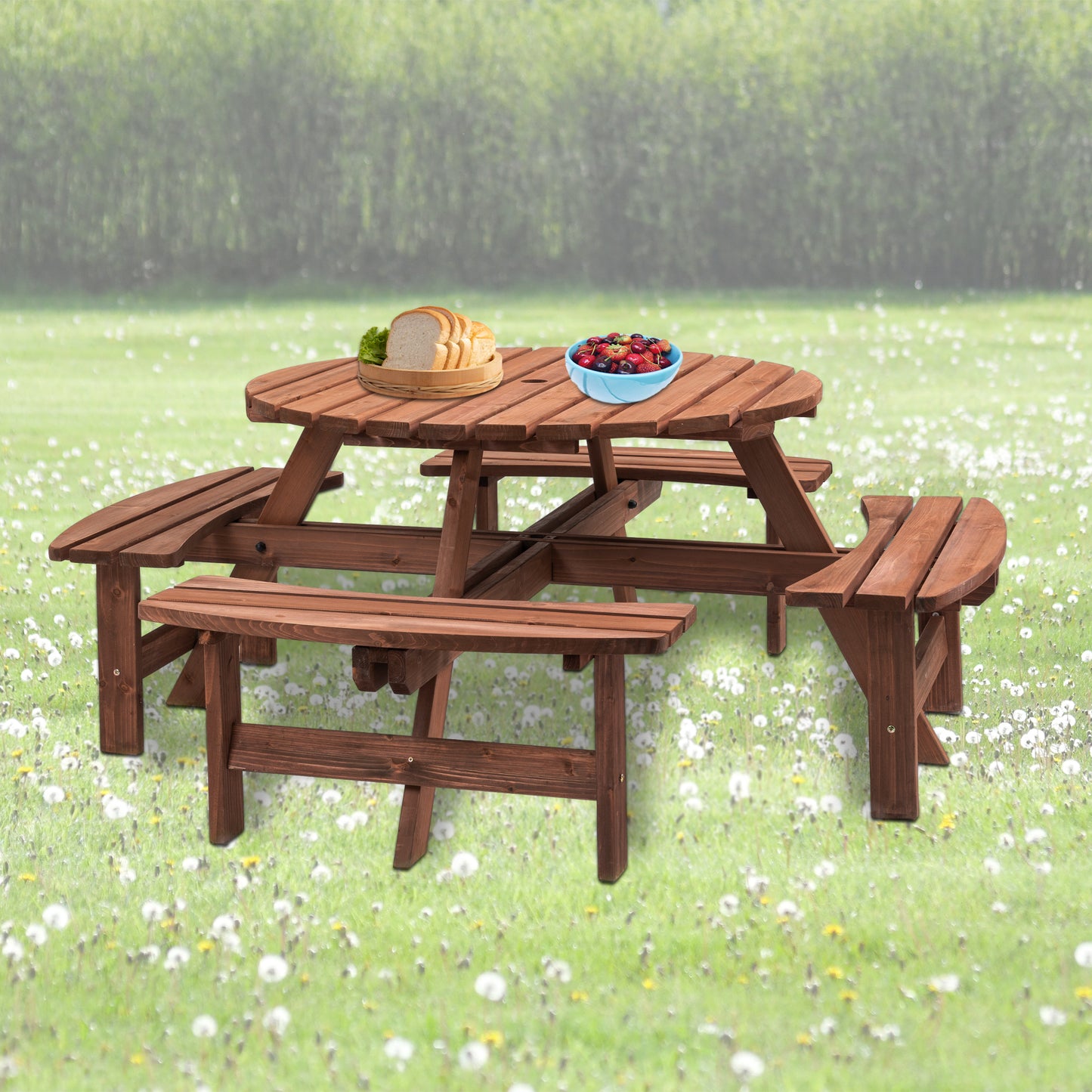 Nix 8-Person Circular Outdoor Wooden Picnic Table - Brown