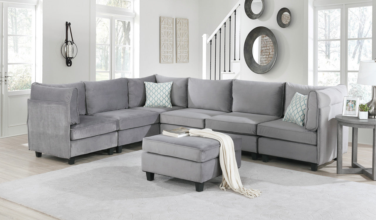 Simona Velvet 7Pc Modular Sectional Sofa - Gray