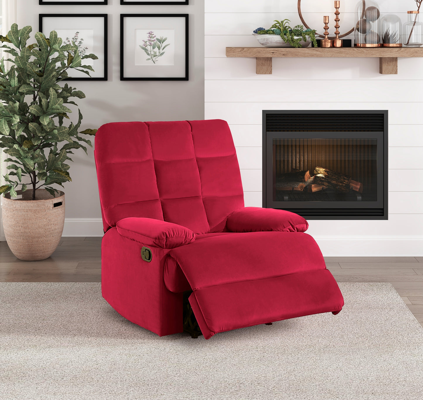 Ora Velvet Upholstery Square Tufted Recliner - Red