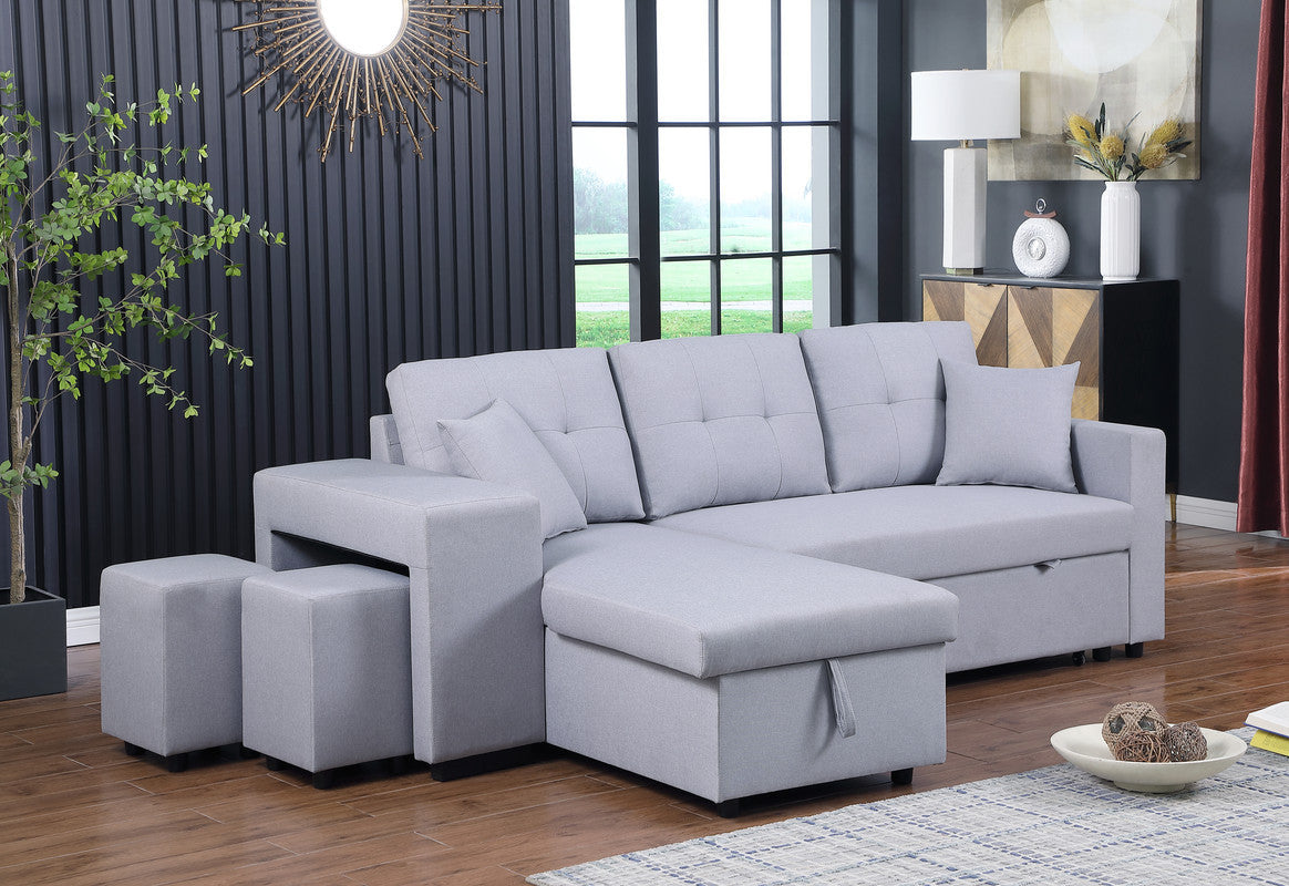 Dennis Fabric Reversible Sleeper Sectional with Storage Chaise and 2 Stools - Light Gray