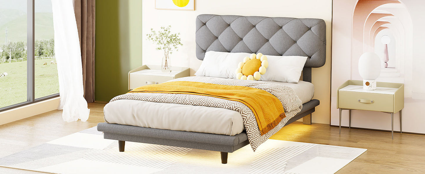 Joy Twin Size Upholstered Bed with Light Stripe - Gray