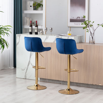 Stramline Adjustable Velvet + Golden Leg Bar Stool - Blue Set of 2