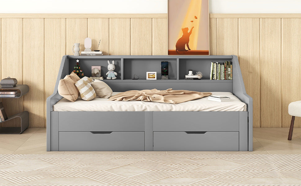 Zion Twin to King Size Daybed  with Storage Bookcases - Gray