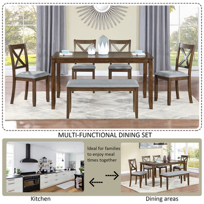 Xeno 6pc Dining Set Wooden Table 4x Side Chairs And Bench - Walnut