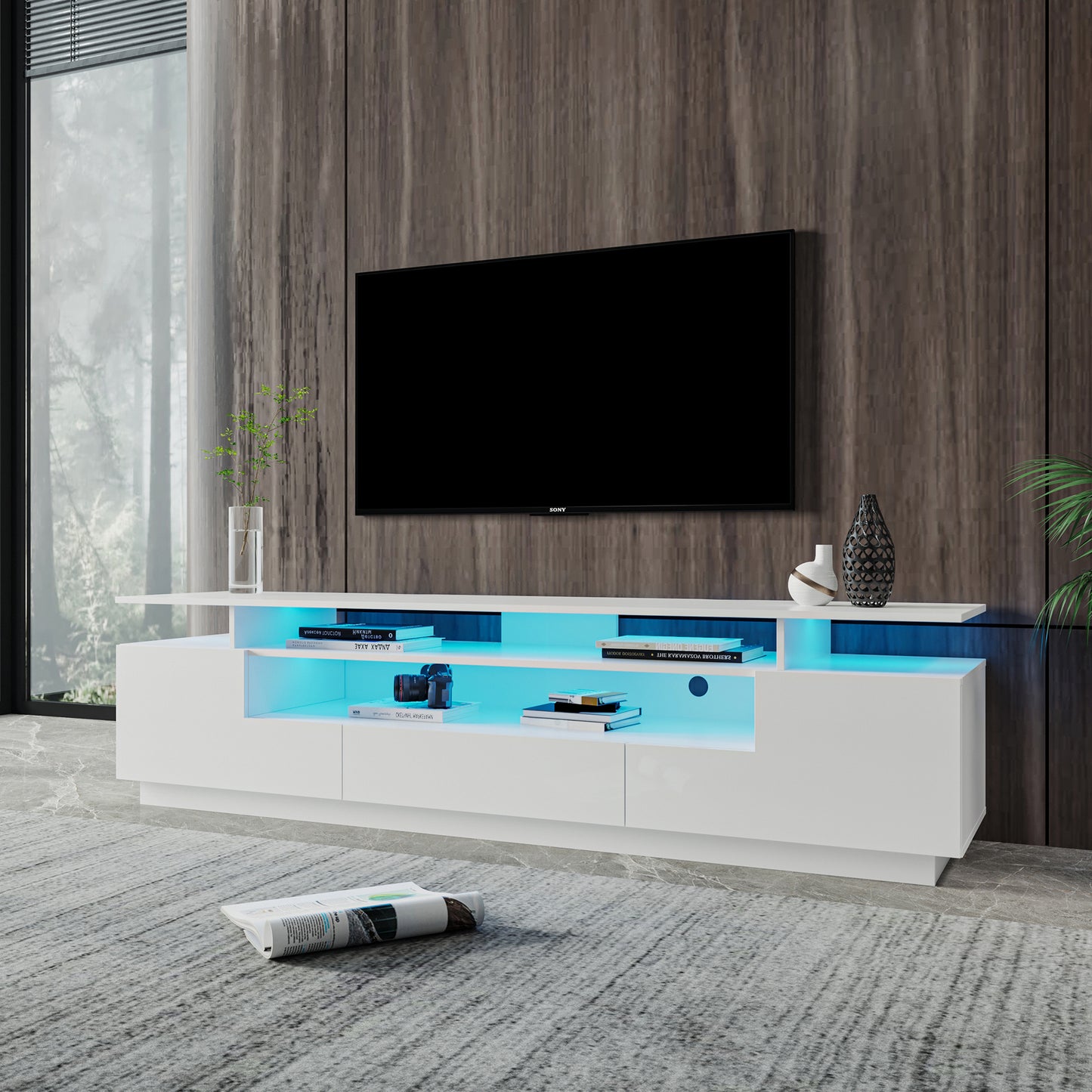 Flat Modern LED TV Stand w/Remote Control Lights - White