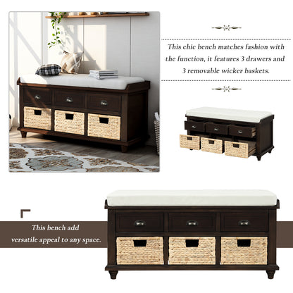 Rustic Storage Bench with 3 Drawers and 3 Rattan Baskets - Espresso