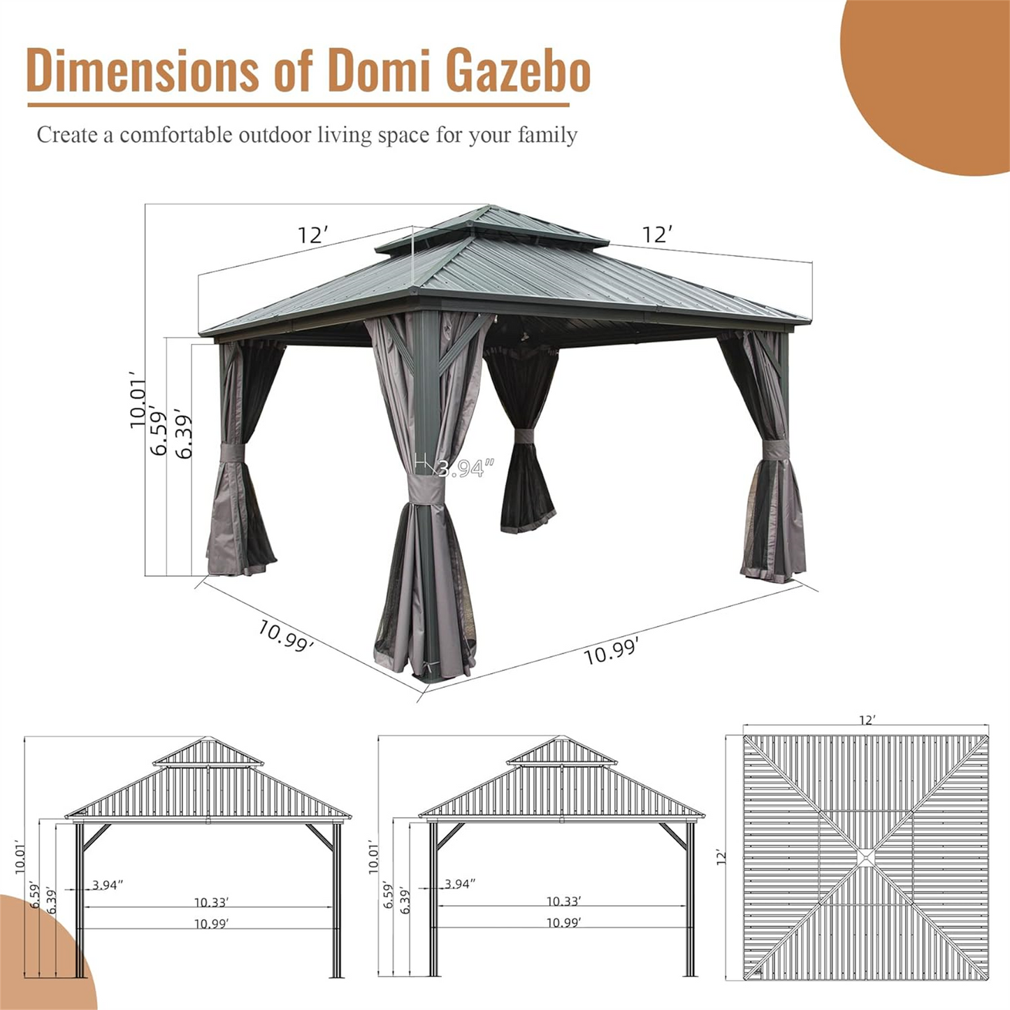 Emerson 12 X 12 ft Hardtop Gazebo - Gray