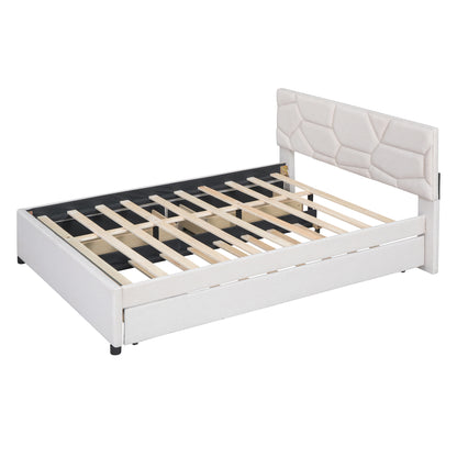 Brick Queen Size Platform Bed with 2 drawers and Twin Size Trundle - Beige