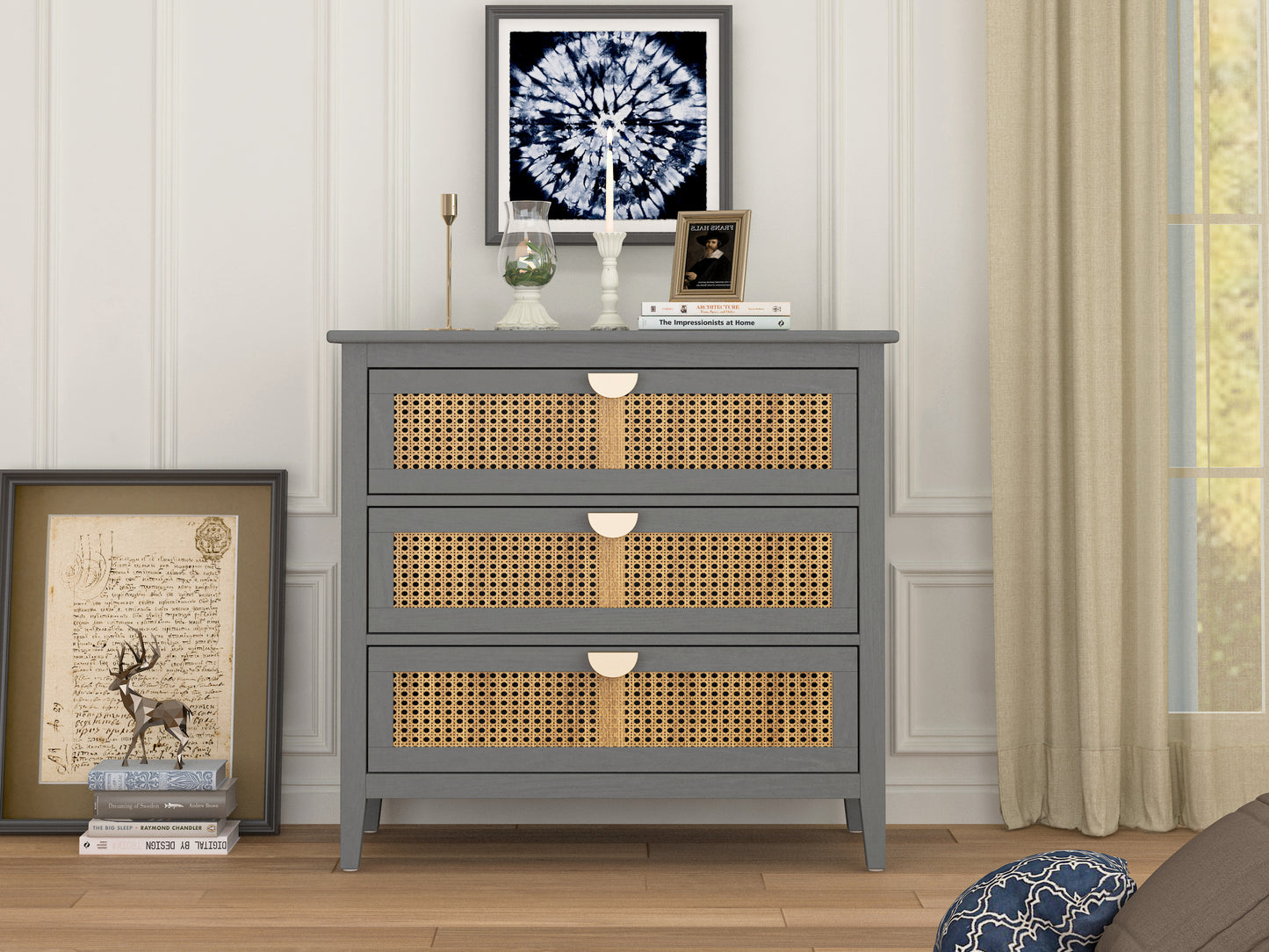 Valerie Natural Rattan 3 Drawer Cabinet - Gray