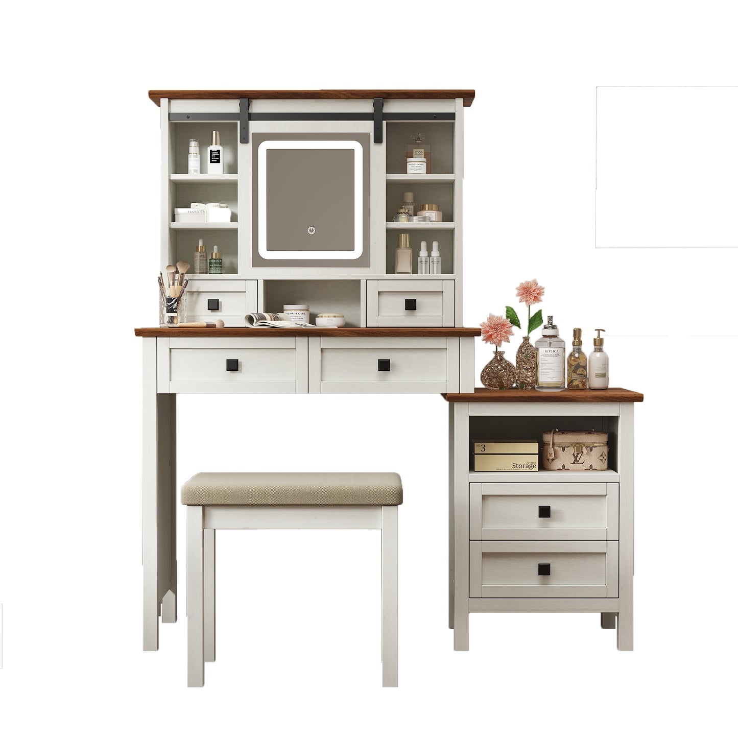 Alma Vanity Table Set with Side Cabinet and Cushioned Stool