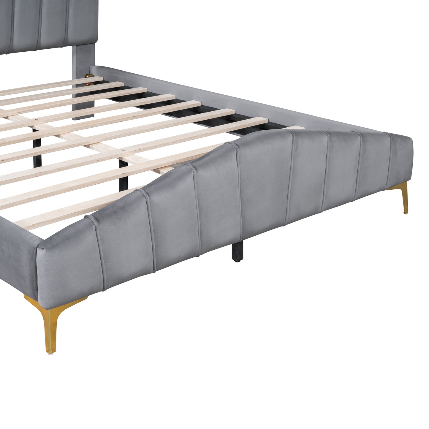 ZuZu Queen Size Velvet Platform Bed with Metal Bed Leg - Gray