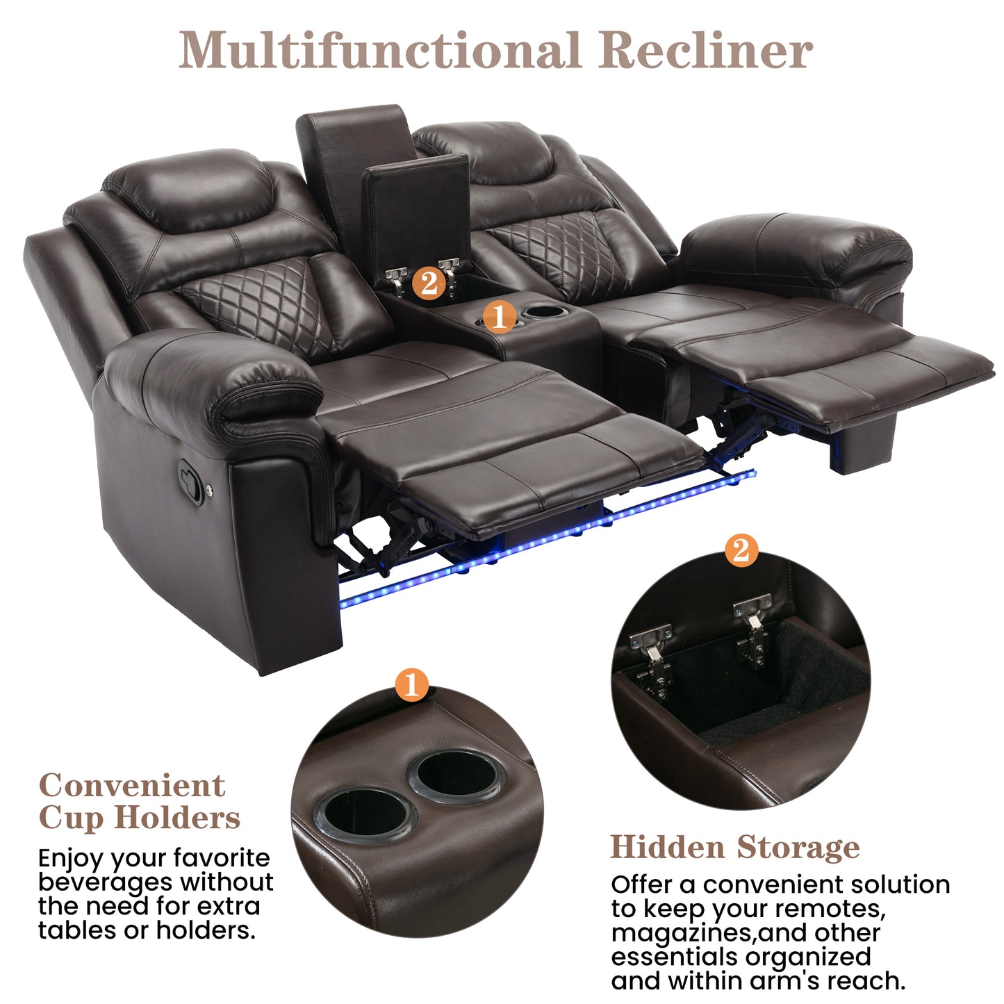 Milo Manual Recliner Loveseat with LED Light Strip - Brown