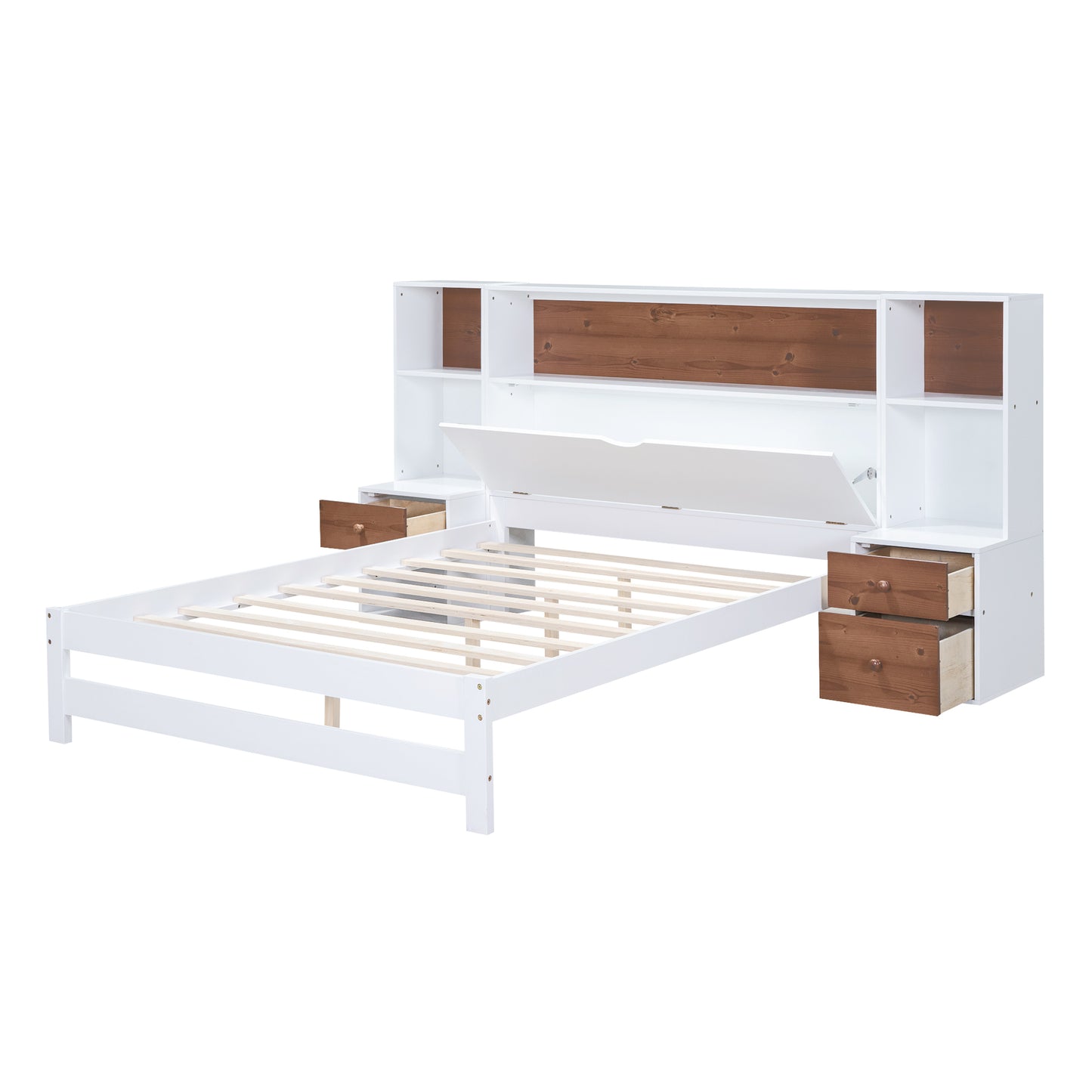 Jo Full Size Platform Bed w Storage Headboard and Drawers - White