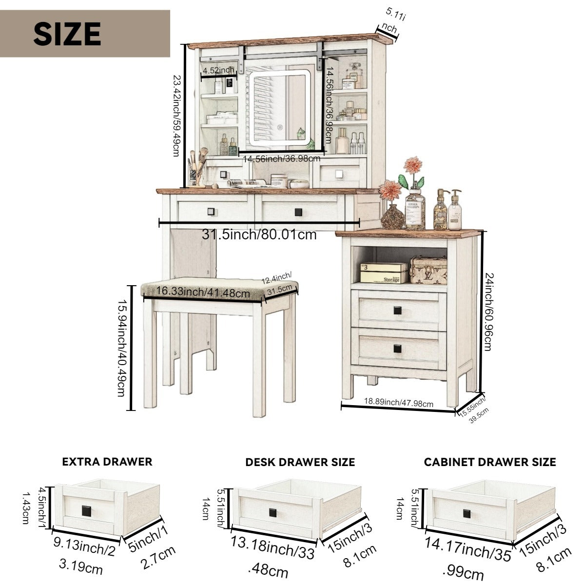 Alma Vanity Table Set with Side Cabinet and Cushioned Stool