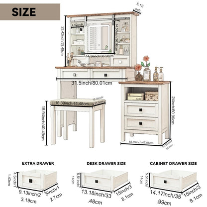 Alma Vanity Table Set with Side Cabinet and Cushioned Stool