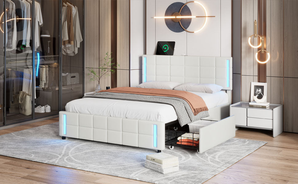 Bot Queen Size Platform Bed with LED - White