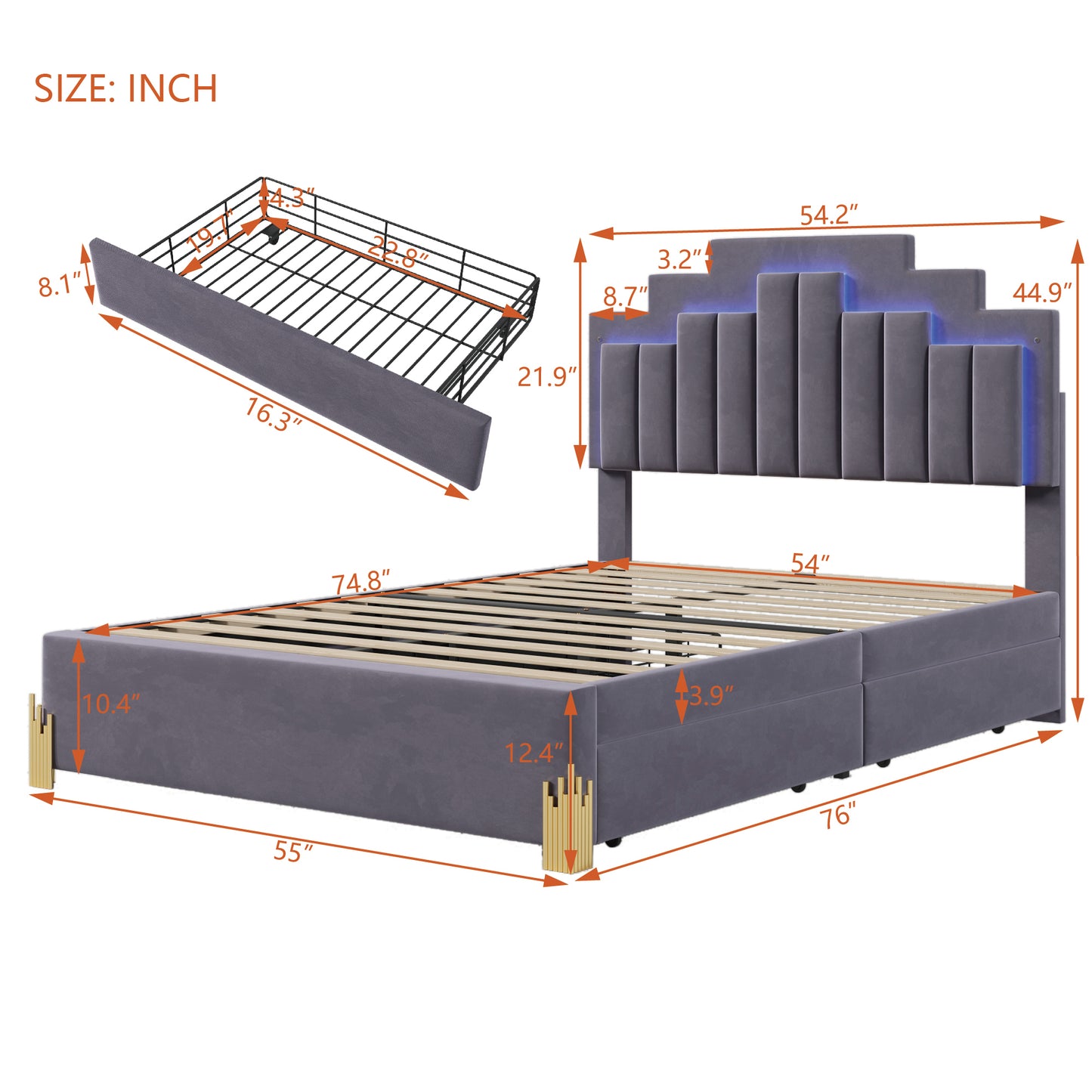 Neco Full Size Platform Bed with LED and 4 Drawers - Gray