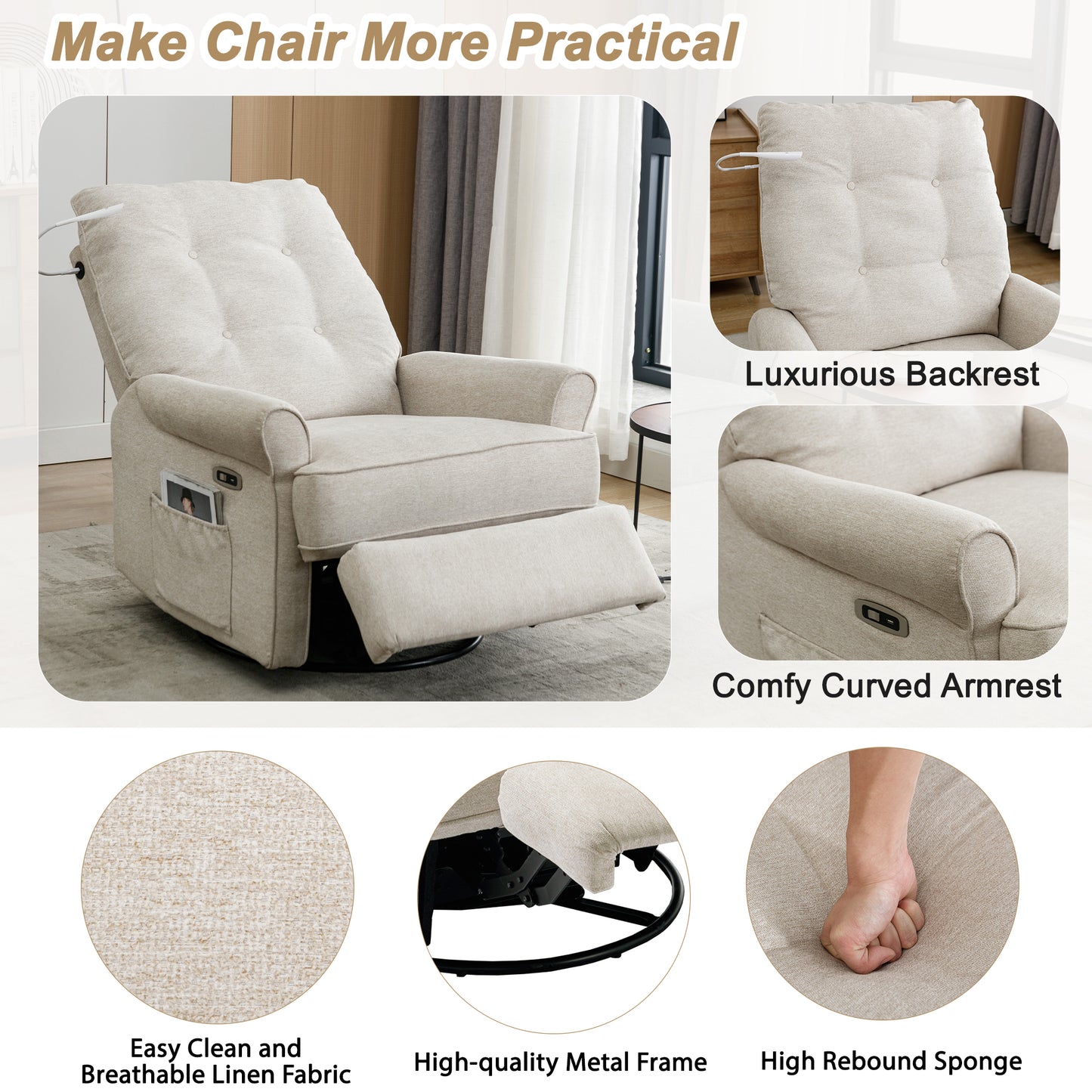 Vo 270 Degree Swivel Recliner Chairs - Cream