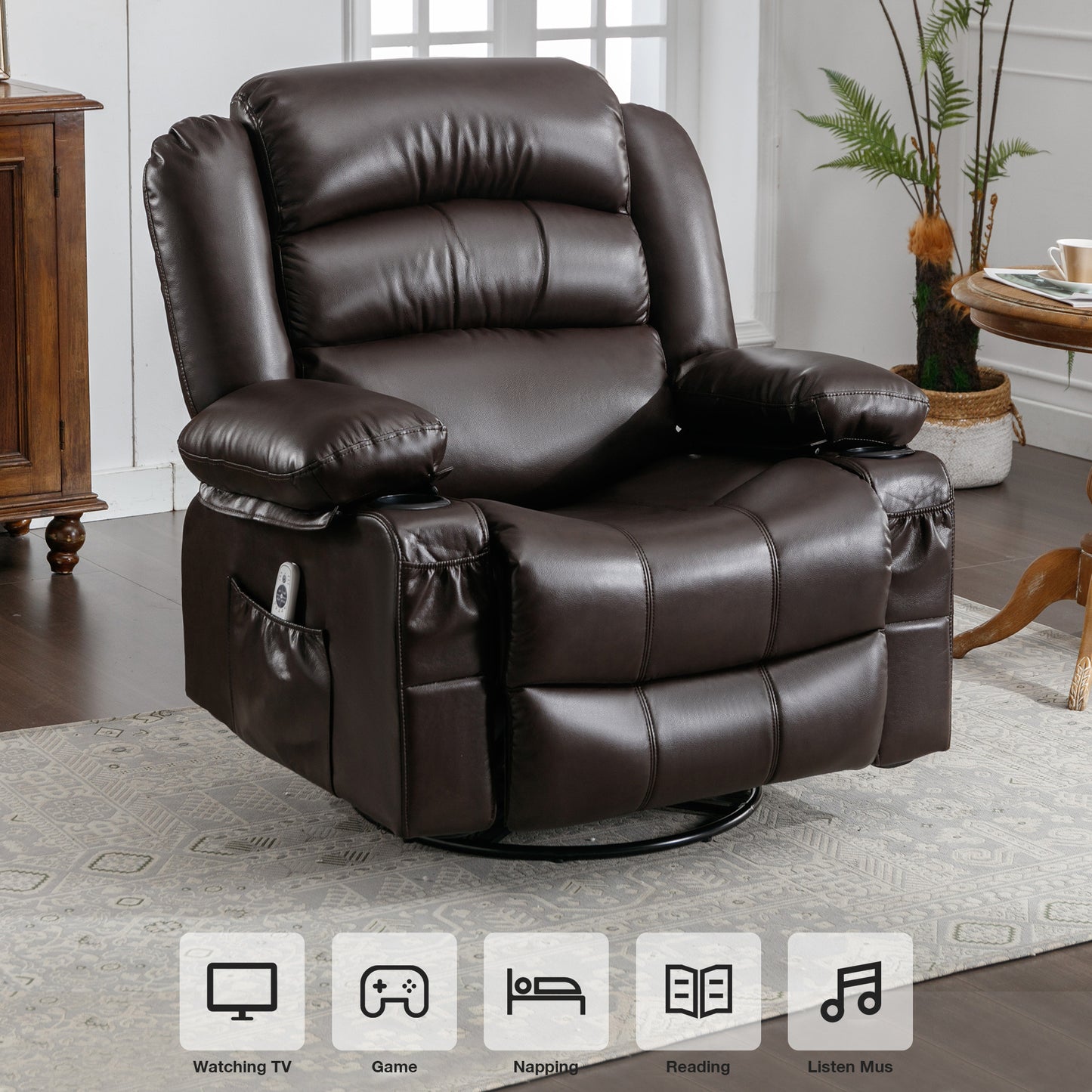 Float Massage Swivel Rocker Recliner Chair - Brown