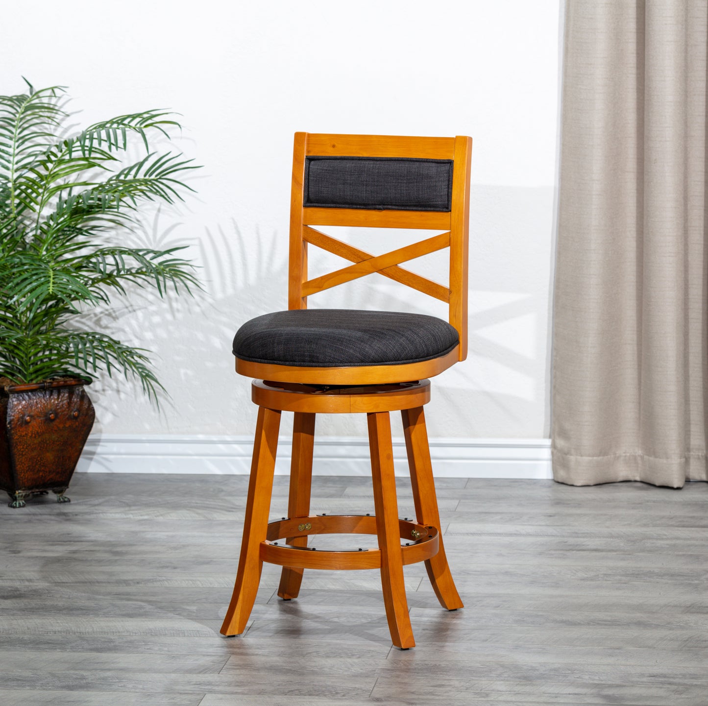 Counter Height X-Back Swivel Stool, Natural Finish, Charcoal Fabric Seat