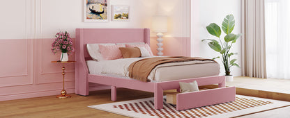 Renni Full Size Velvet Platform Bed Frame with Drawer - Pink