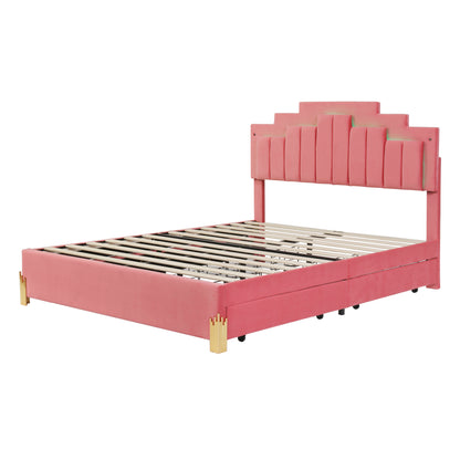 Neco Queen Size Platform Bed with LED and 4 Drawers - Pink