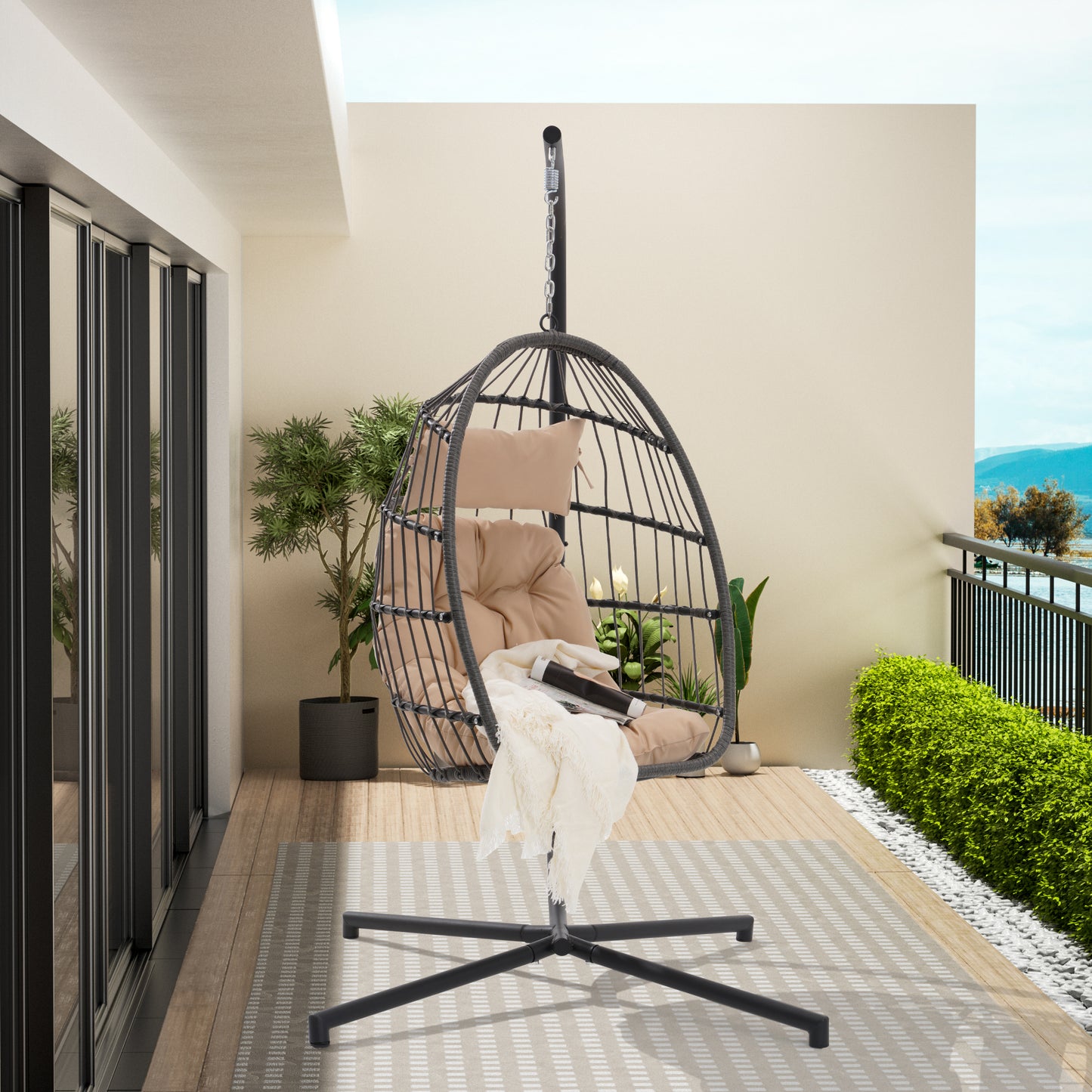 Feji Outdoor Rattan Egg Swing Chair with Stand - Khaki