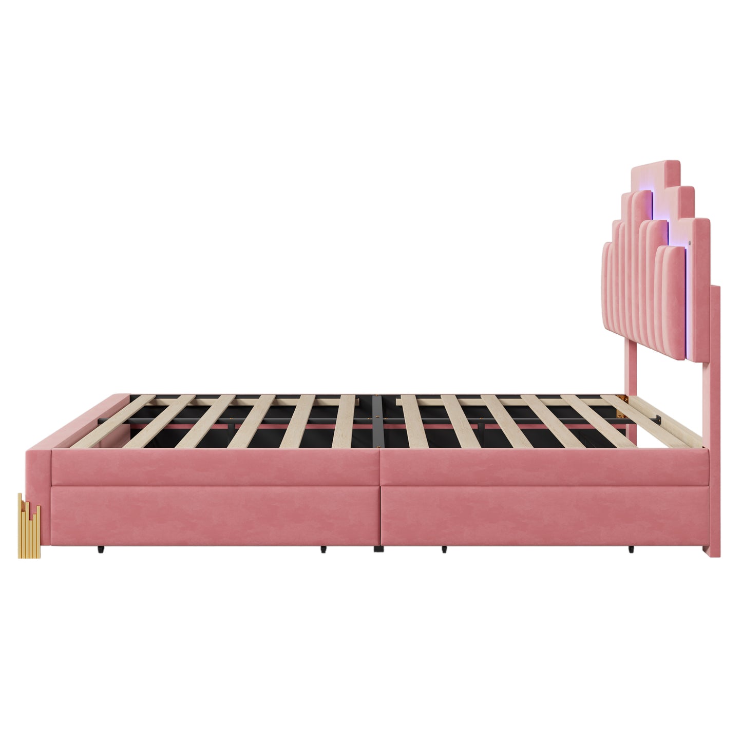 Neco Full Size Platform Bed with LED and 4 Drawers - Pink