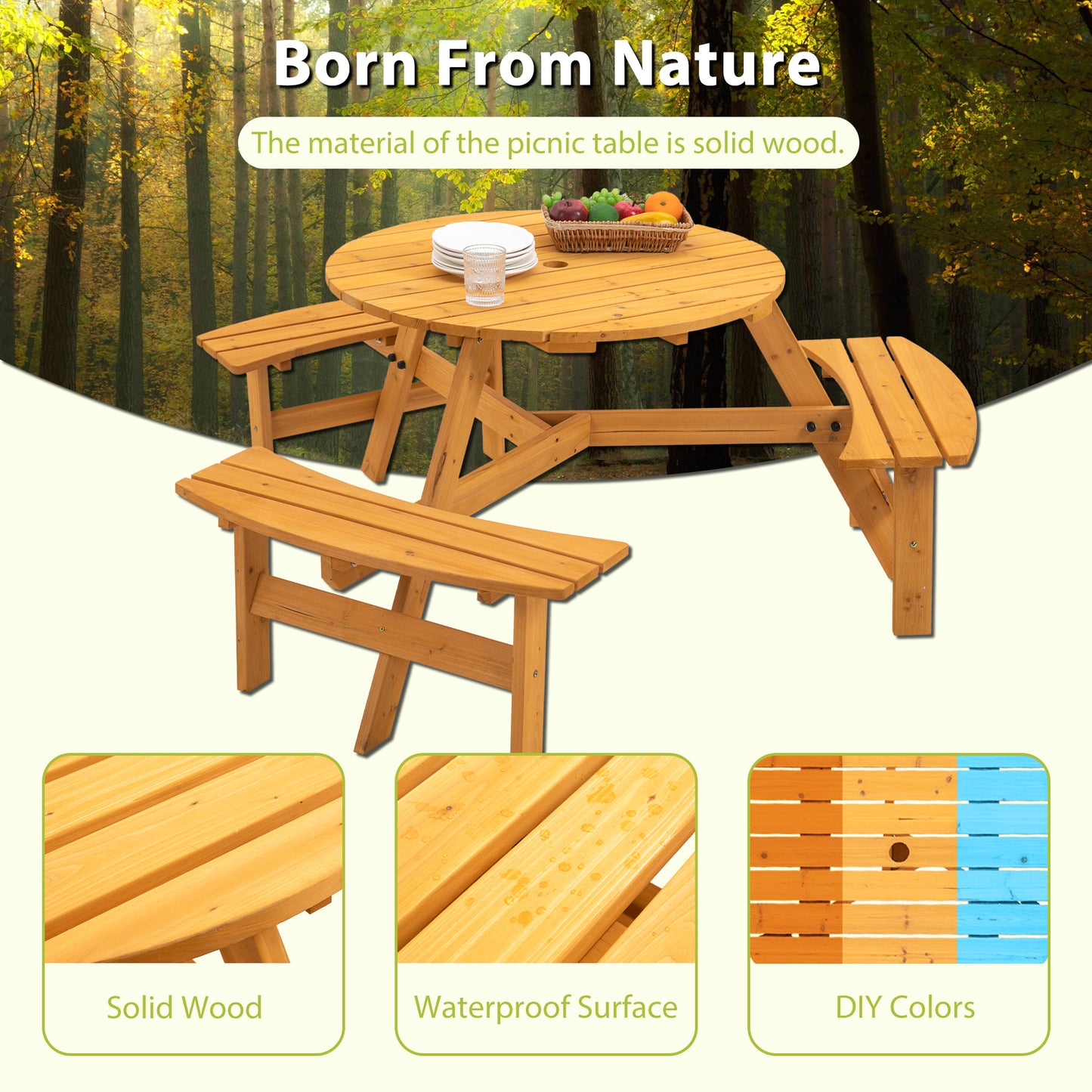 Nix 6-Person Circular Outdoor Wooden Picnic Table - Natural