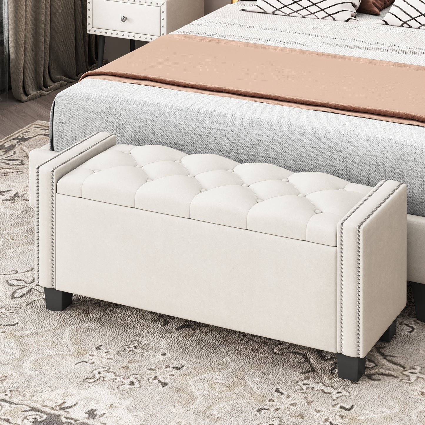 Enzo Upholstered Velvet Storage Ottoman Bench - Beige