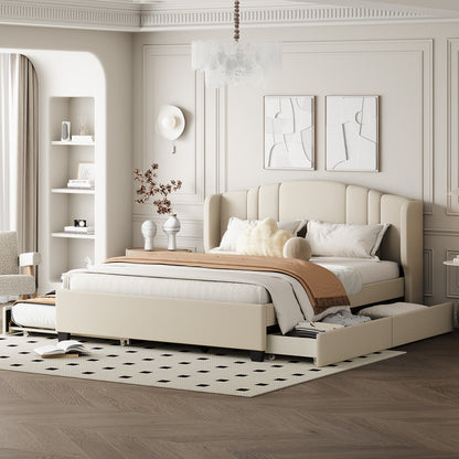 Mali Queen Size Platform Bed with Wingback Headboard - Beige