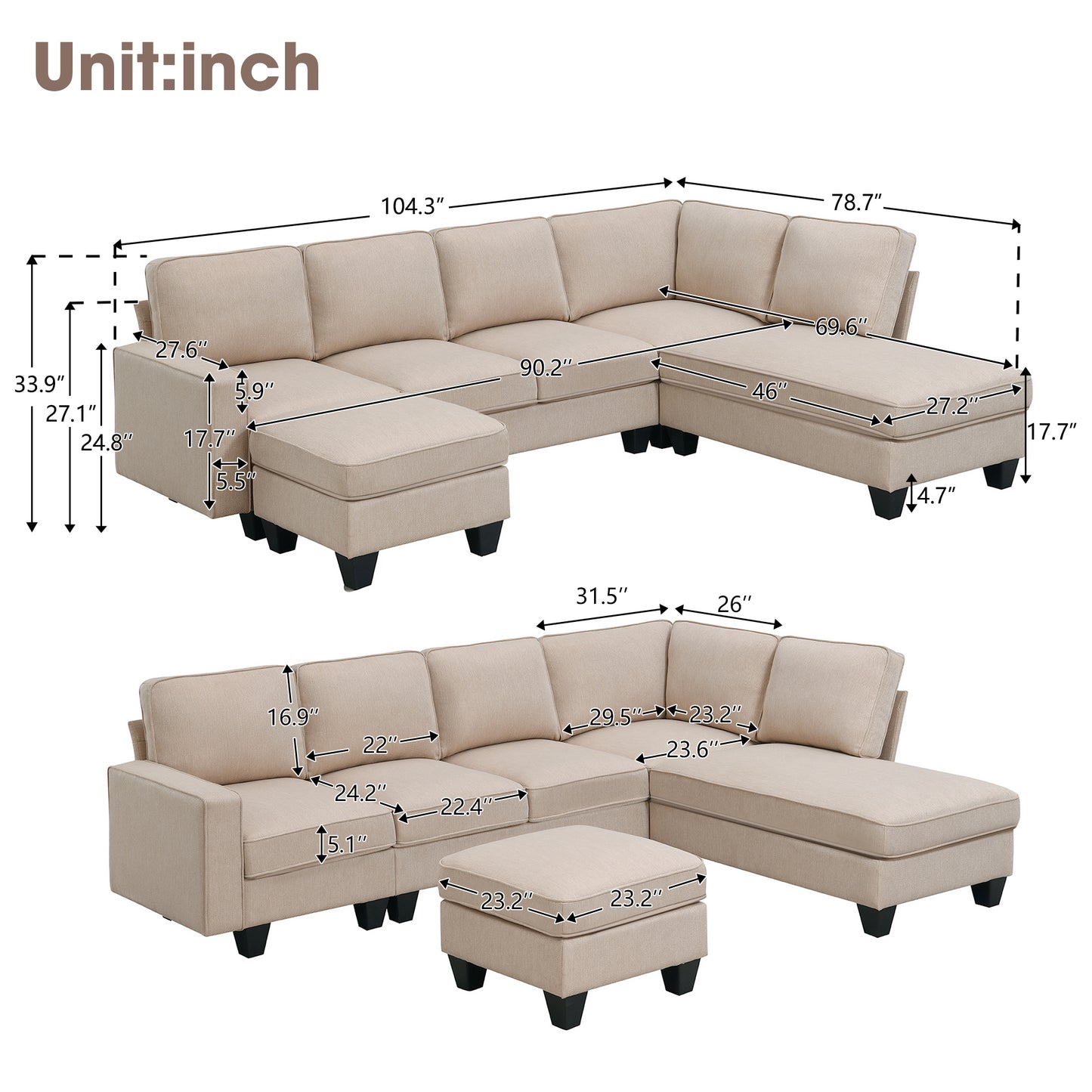 Vortex 7-seat Linen Fabric L-shaped Sectional Sofa - khaki