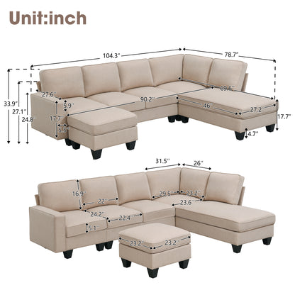 Vortex 7-seat Linen Fabric L-shaped Sectional Sofa - khaki