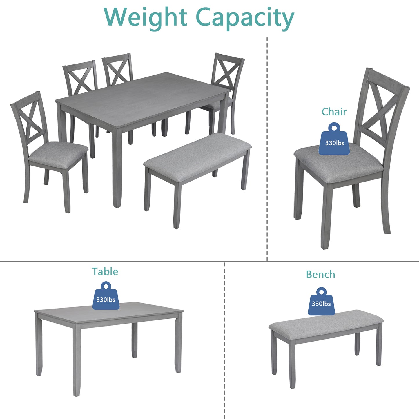 Xeno 6pc Dining Set Wooden Table 4x Side Chairs And Bench - Gray