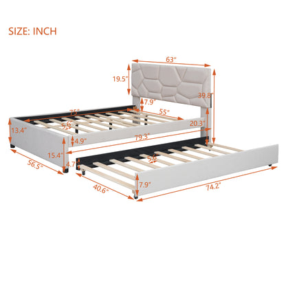 Brick Full Size Upholstered Platform Bed with Twin Size Trundle - Beige