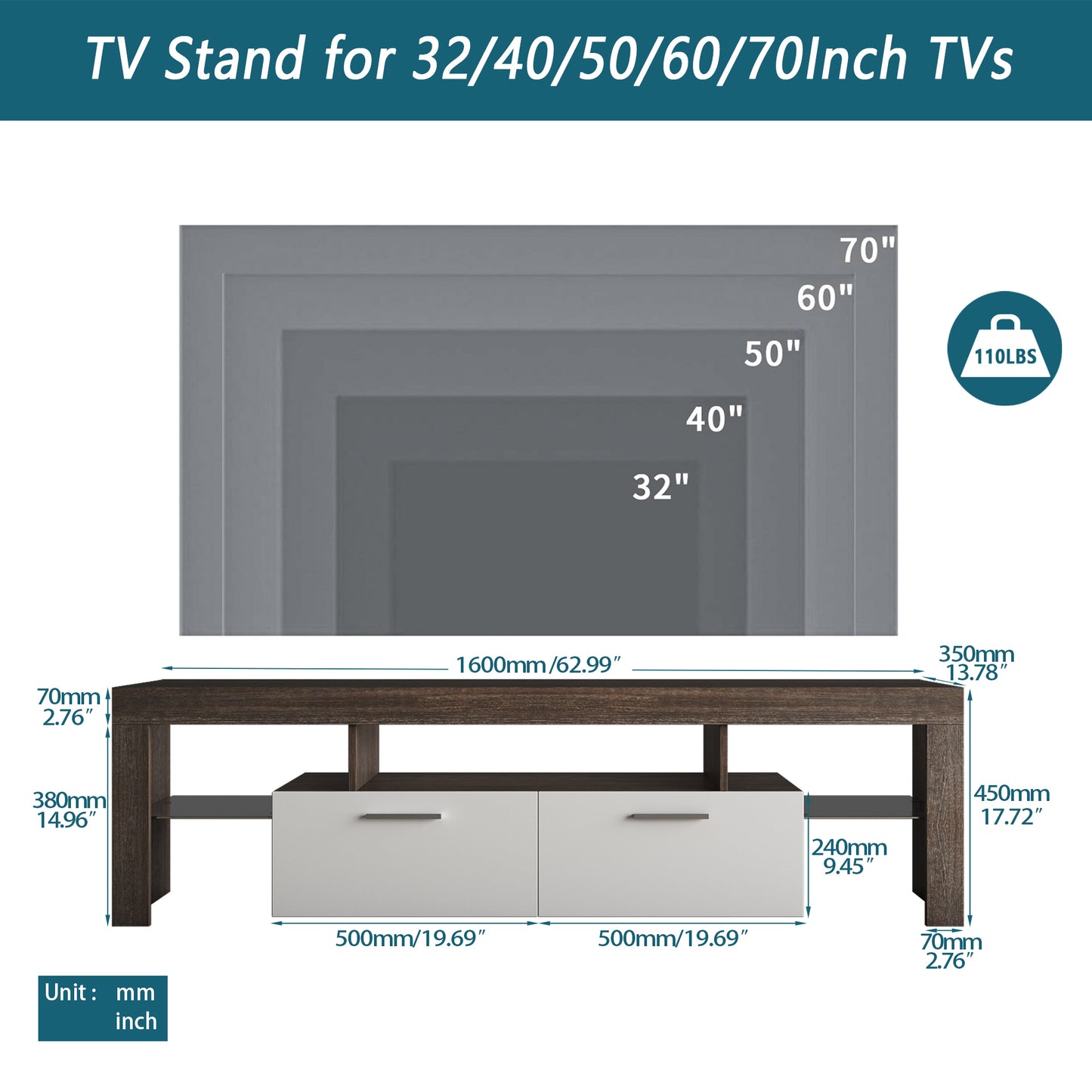 Nova 65 inches TV Stand with LED Lights - Brown+White