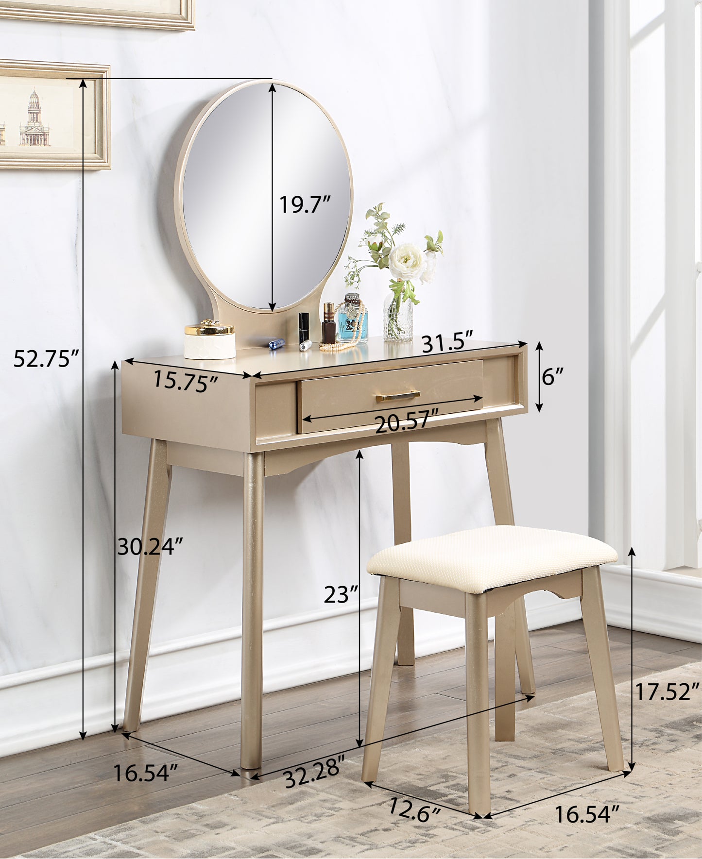 Maly Contemporary Wood Vanity and Stool Set - Gold